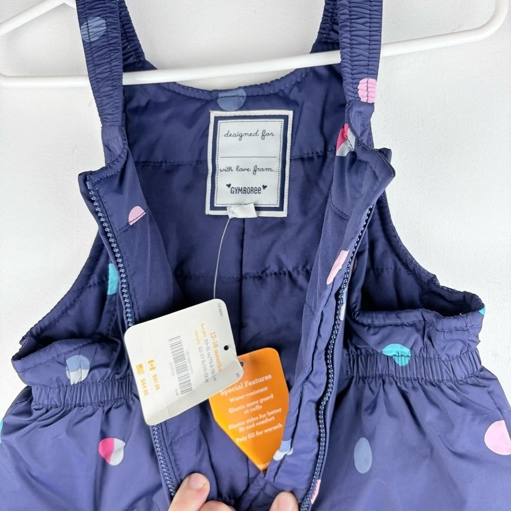 New Gymboree Girl Baby Toddler Snow Overalls Bib 12 - 18 Months Navy Polka Dot